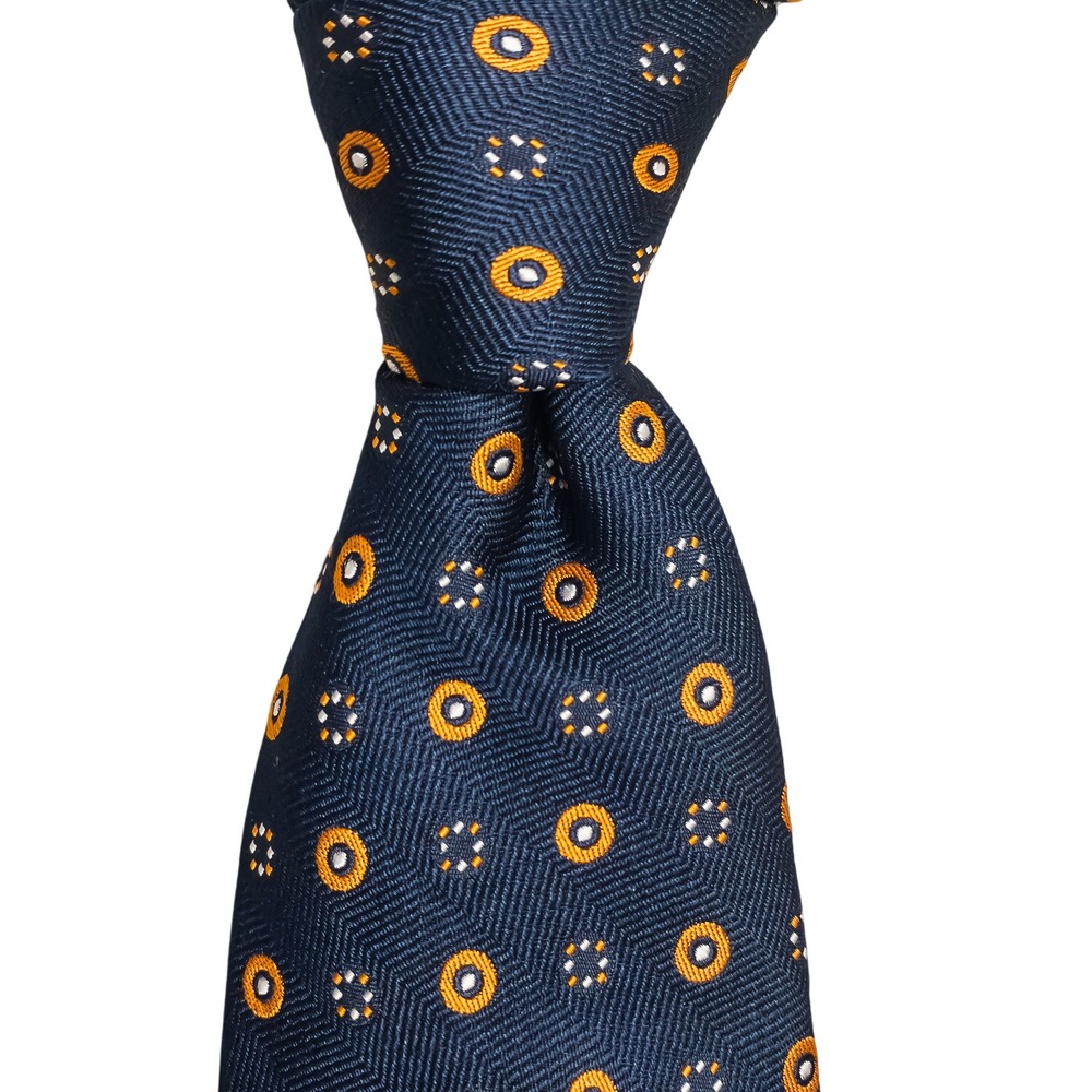Jeffrey Banks Men's 100% Silk Necktie  Navy Orange Medallion Geometric Hand Made